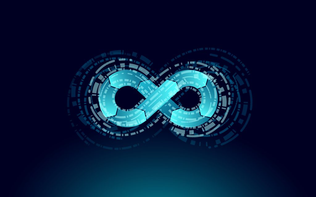 Devops software development operations infinity symbol. Programmer administration system life cycle quality. Coding building testing release monitoring. Online freelance vector illustration